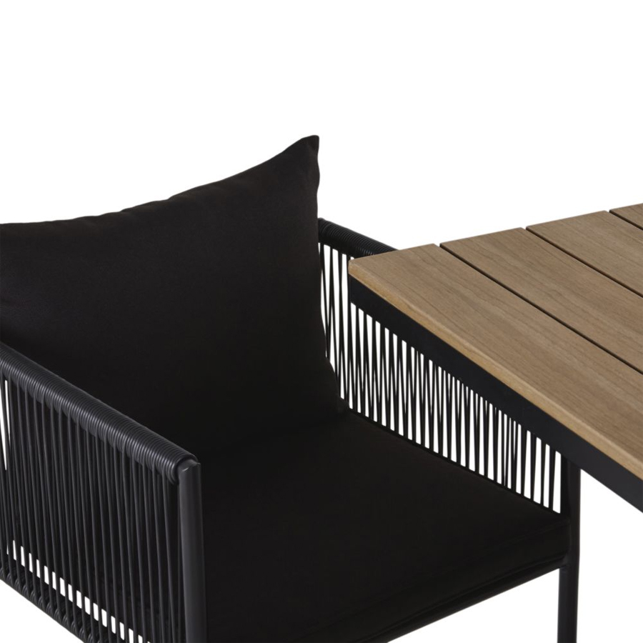 Ensemble table Swann en composite imitation teck et fauteuils en résine recyclée noire de jardin