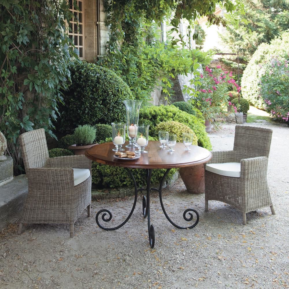 LUBERON - Table à diner ronde en fer forger et bois Ø120