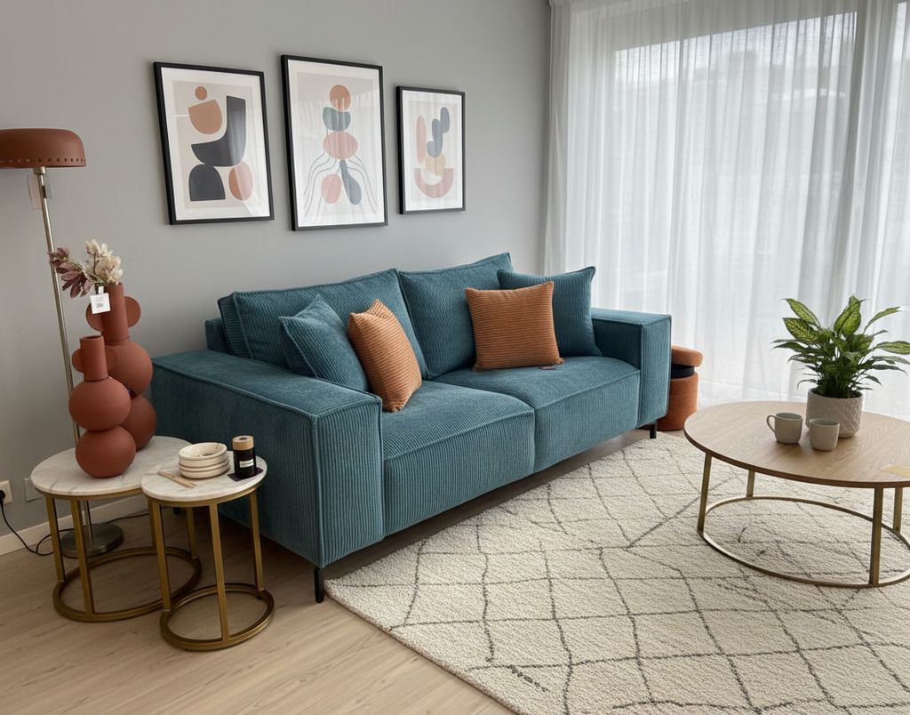 Canapé PUEBLO moderne en velours côtelé bleu