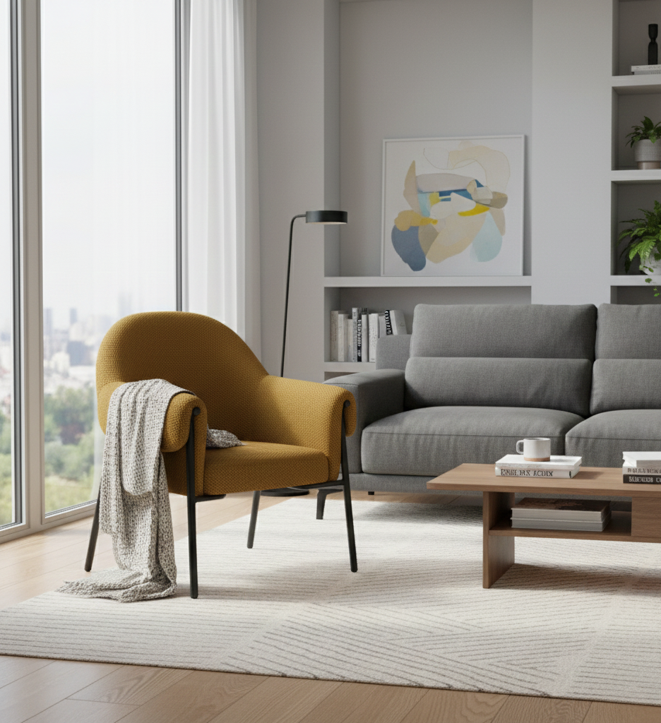 Fauteuil Forge en tissu jaune moutarde et métal coloris noir