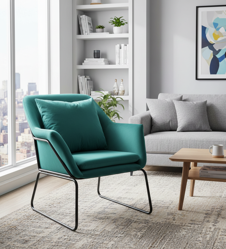 Fauteuil Iris en velours vert, pieds métal noir