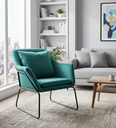 Fauteuil Iris en velours vert, pieds métal noir