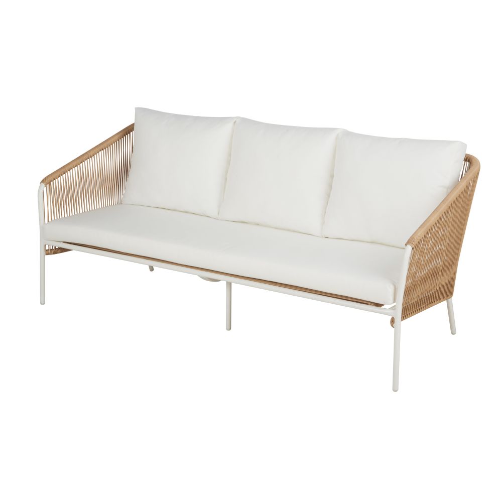 Canapé de jardin Arun 3 places en résine beige, métal blanc avec coussins