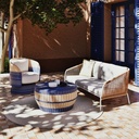 Canapé de jardin Arun 3 places en résine beige, métal blanc avec coussins