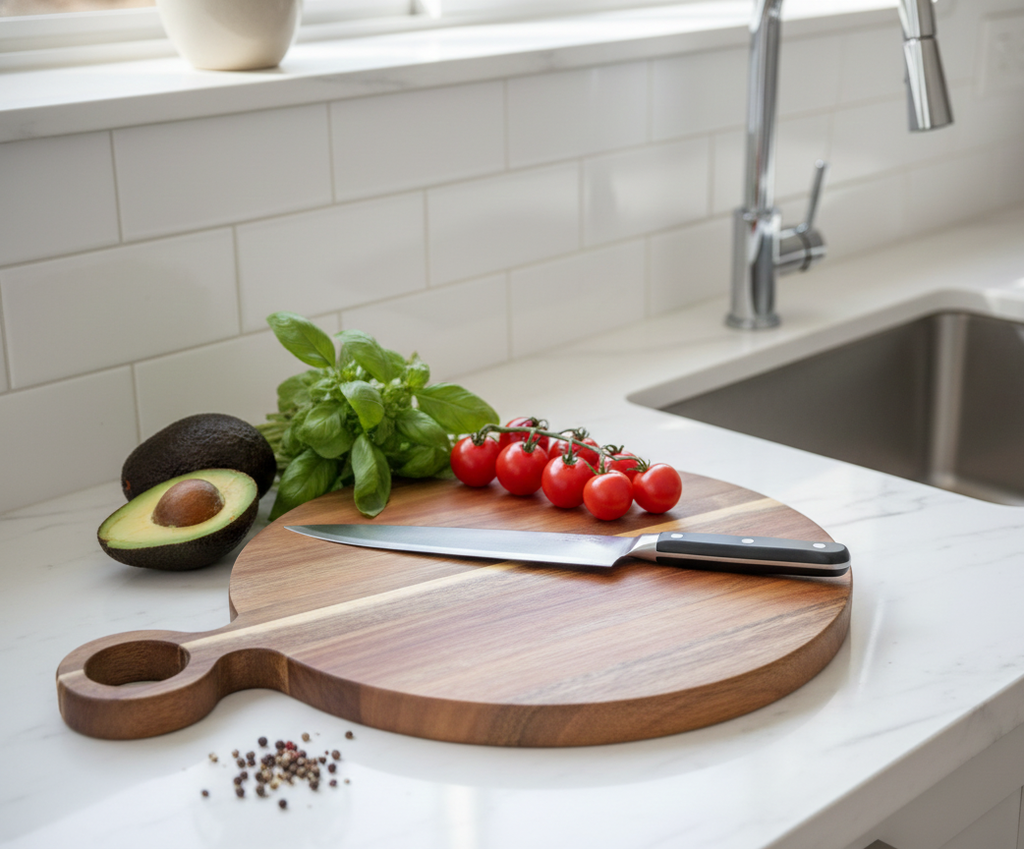 Planche à découper rond en acacia avec anneau 36x28x1,5 cm
