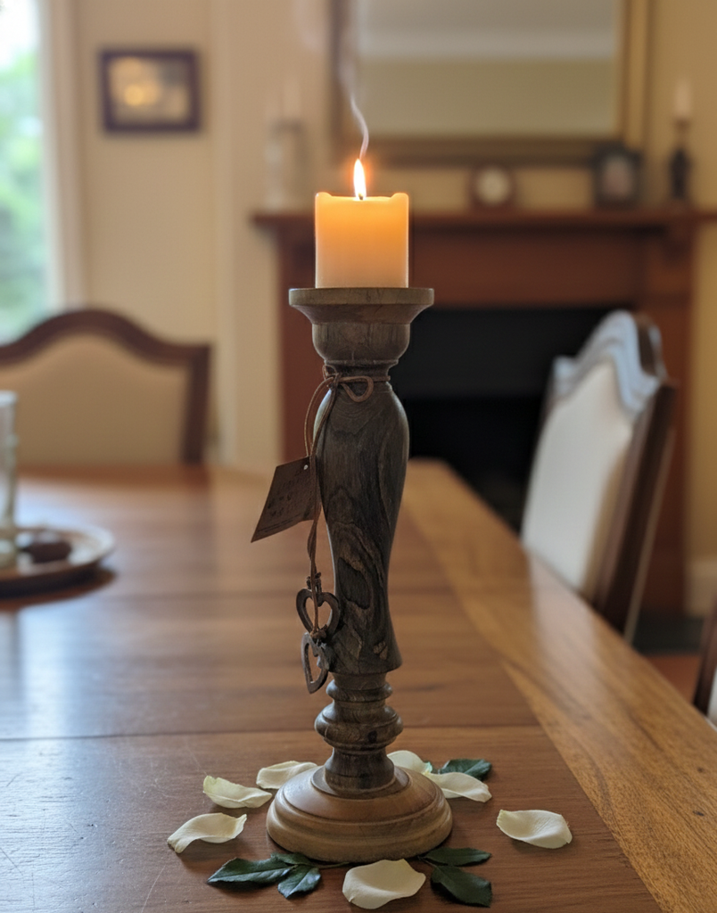 Bougeoir en bois dessus métal noir, lien en cuir marron avec 2 c urs en métal ajouré 14x40,5x14 cm (emplacement bougie 8 cm)