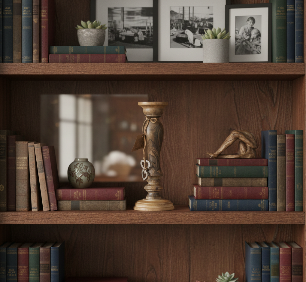 Bougeoir en bois dessus métal noir, lien en cuir marron PM