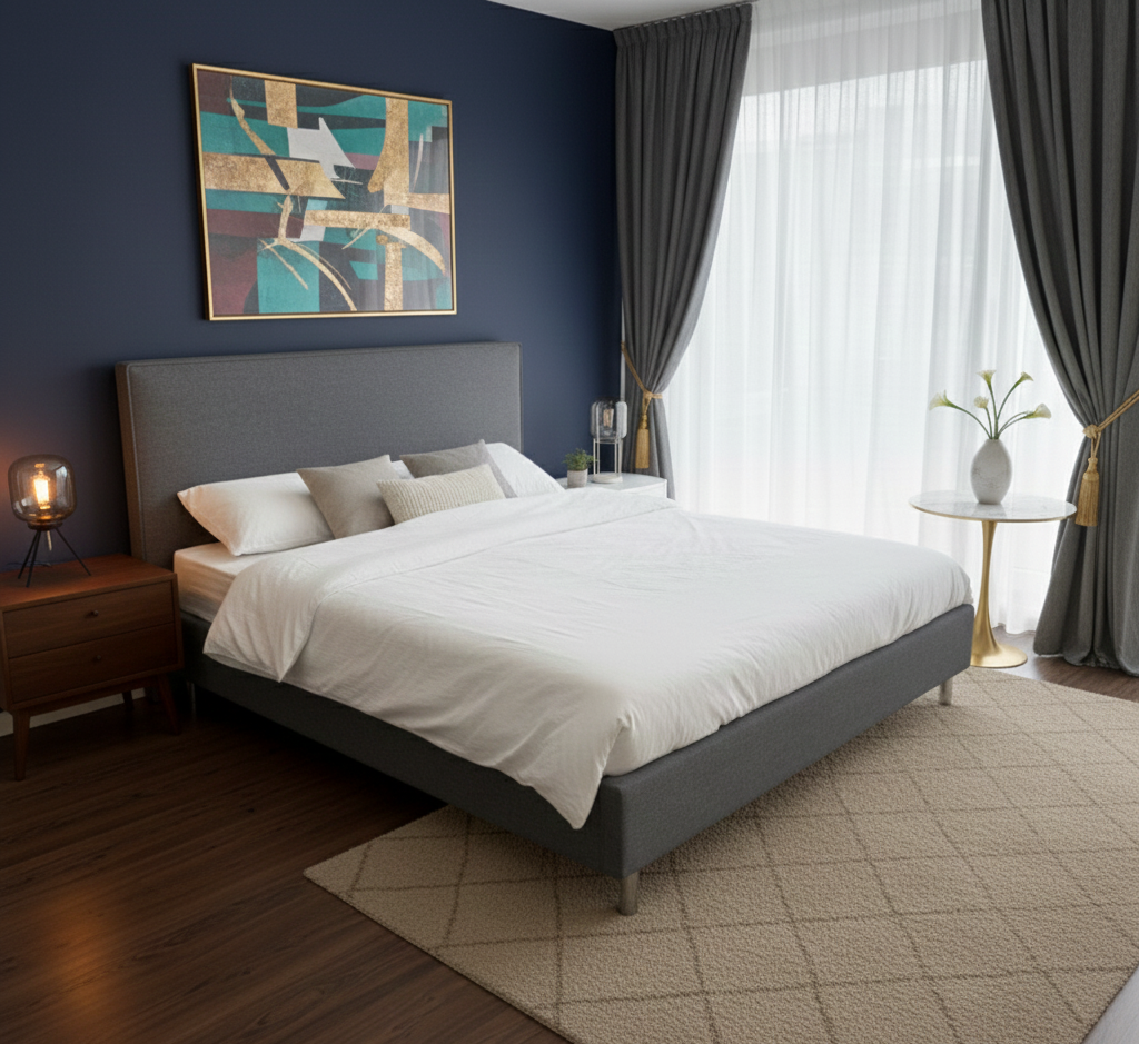 Lit double City en tissu gris, couchage 180x200