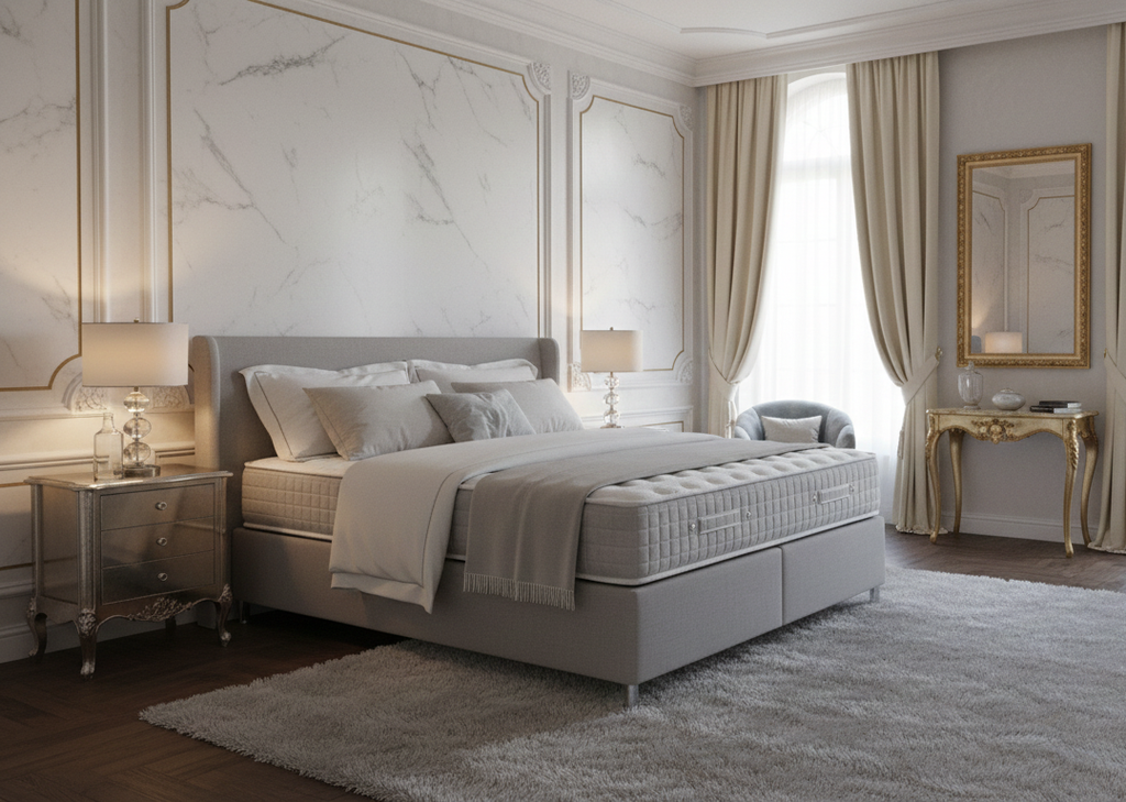 Cadre de lit Ivana beige avec pieds en plastique gris