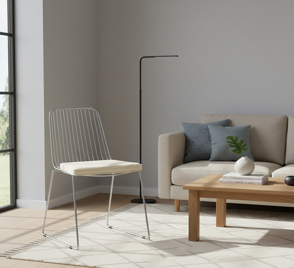 Chaise Huppy en acier chromé et coussin coloris écru