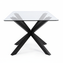 Table à manger May en verre trempé, pieds en acier effet bois noir 160x90