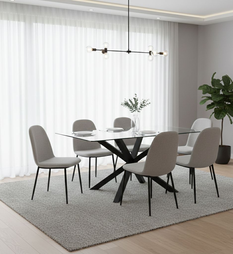 Table à manger May en verre trempé, pieds en acier effet bois noir 160x90