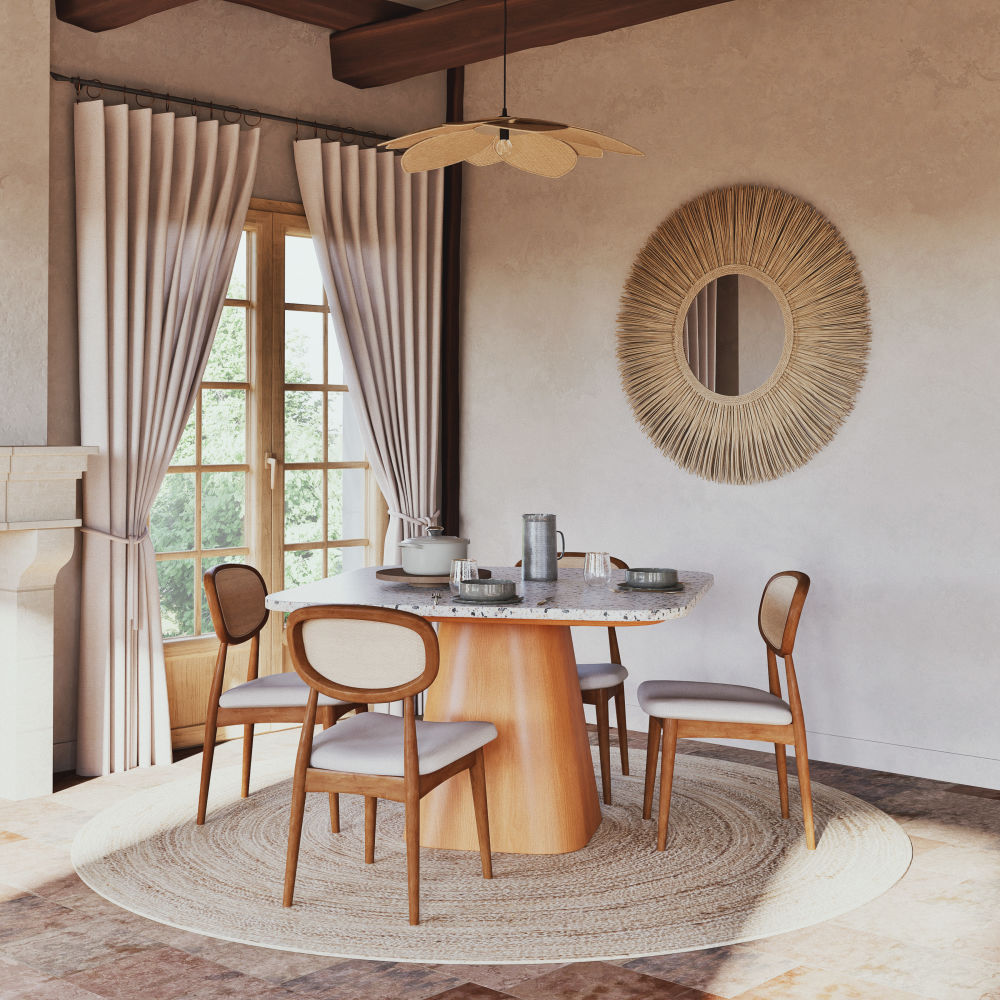 Duo de chaises Fifty bois d'hévéa, lin écru et tressage