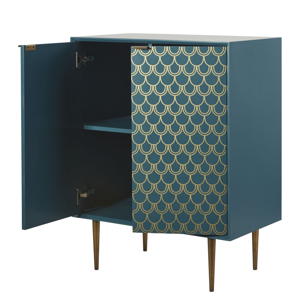 Buffet Barracuda 2 portes bleu turquoise motifs graphiques dorés