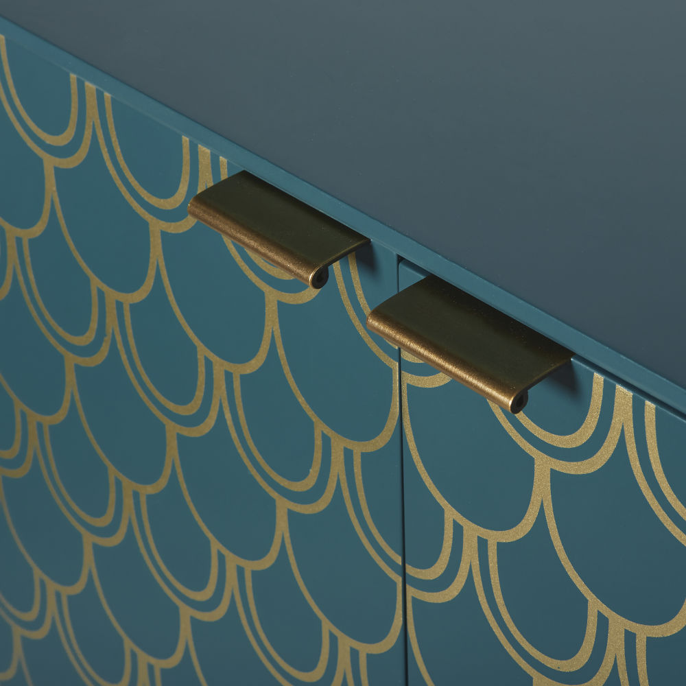 Buffet Barracuda 2 portes bleu turquoise motifs graphiques dorés
