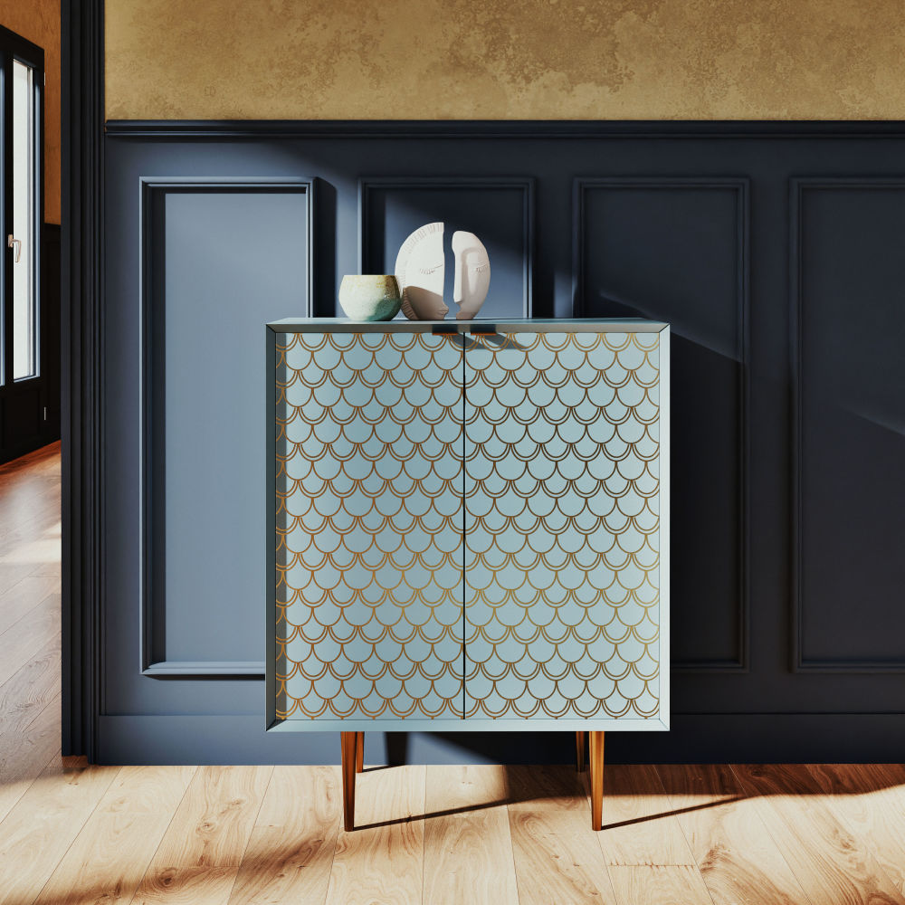 Buffet Barracuda 2 portes bleu turquoise motifs graphiques dorés