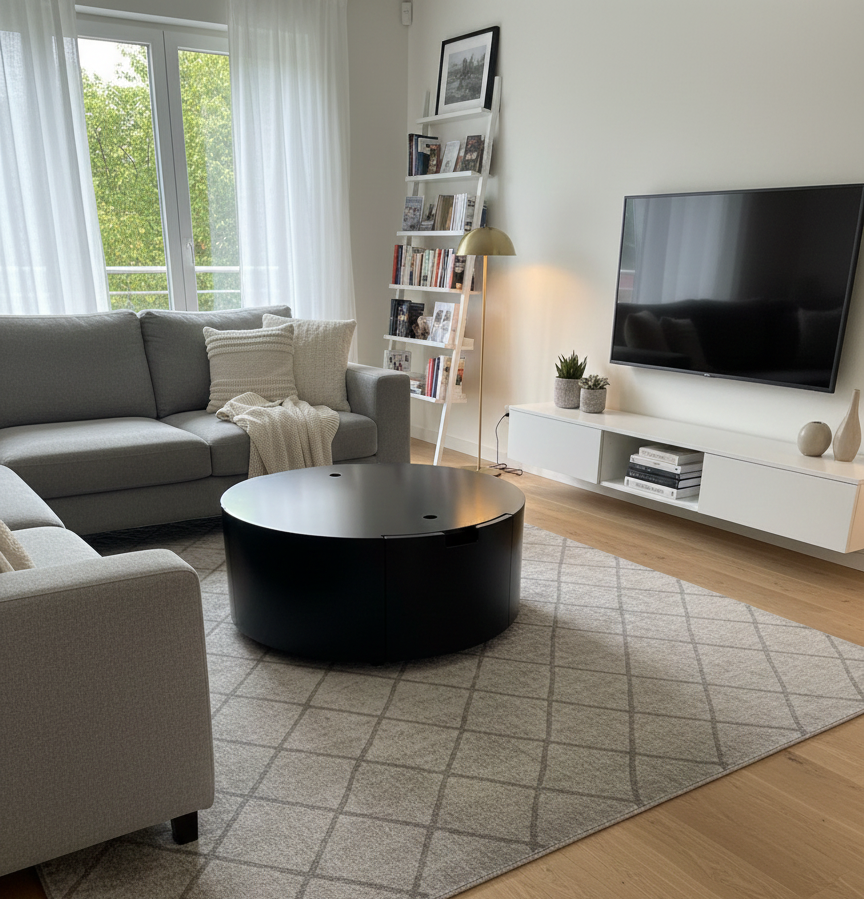 Table basse Cassy ronde 2 tiroirs effet marbre noir D90