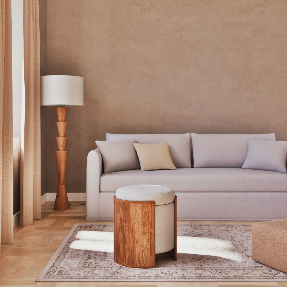 Pouf coffre Chandra bouclettes blanches et bois d'acacia