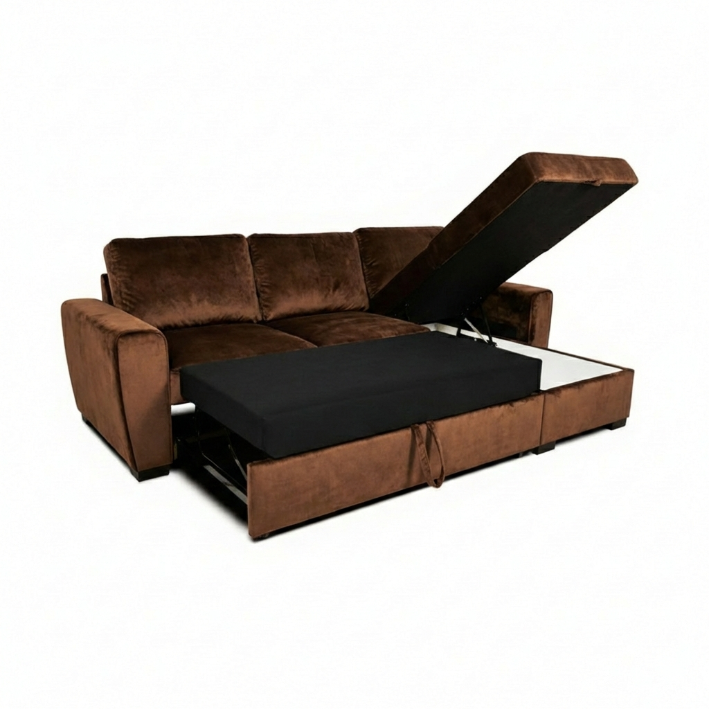 Canapé d'angle convertible en velours Montréal 3/4 places avec coffre