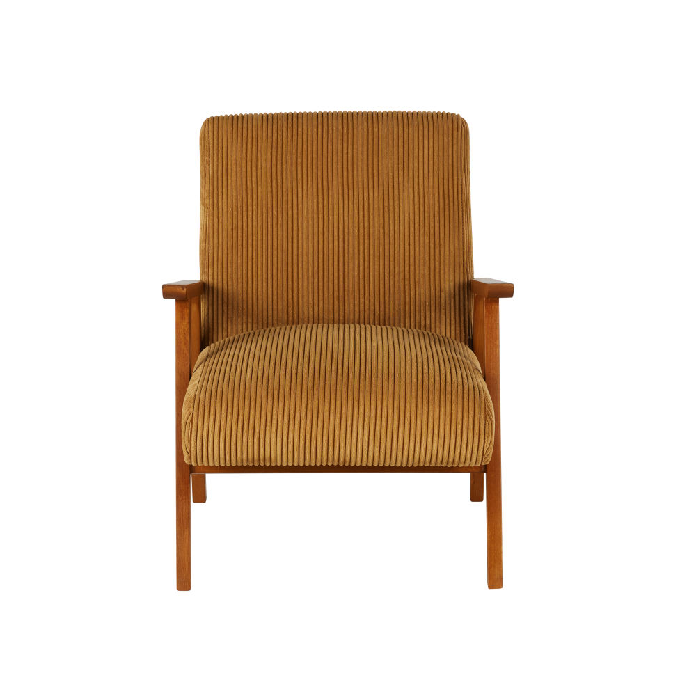 Fauteuil vintage Hermann en bois de hêtre et velours côtelé jaune curry