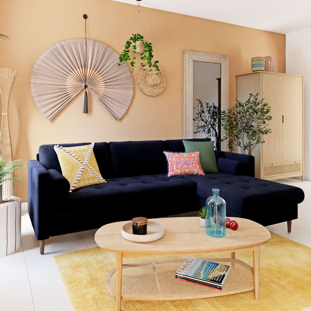 Canapé d'angle convertible Olivia 4/5 places en velours bleu nuit