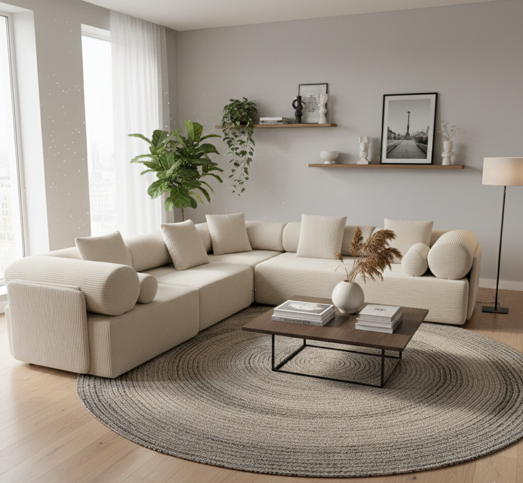 Canapé d'angle modulaire Avalon 5 places en tissu côtelé beige clair