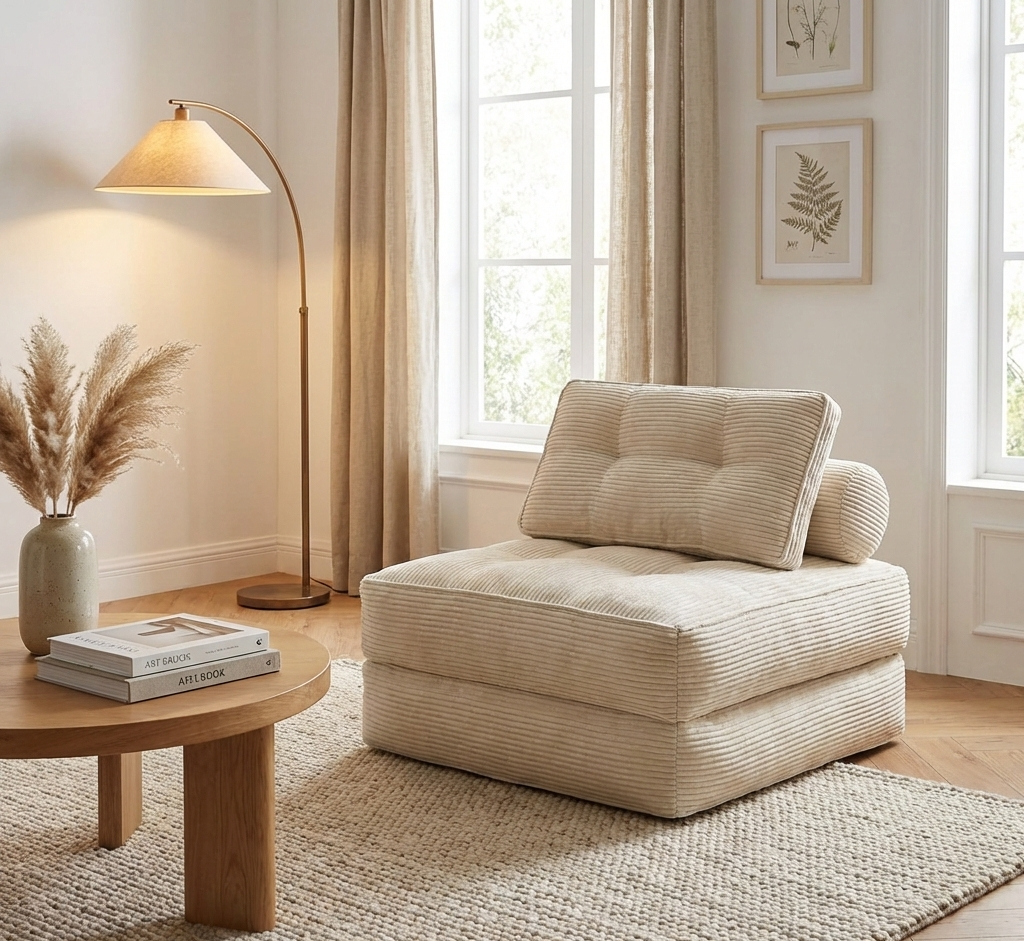 Fauteuil convertible Bogota en tissu côtelé beige créme