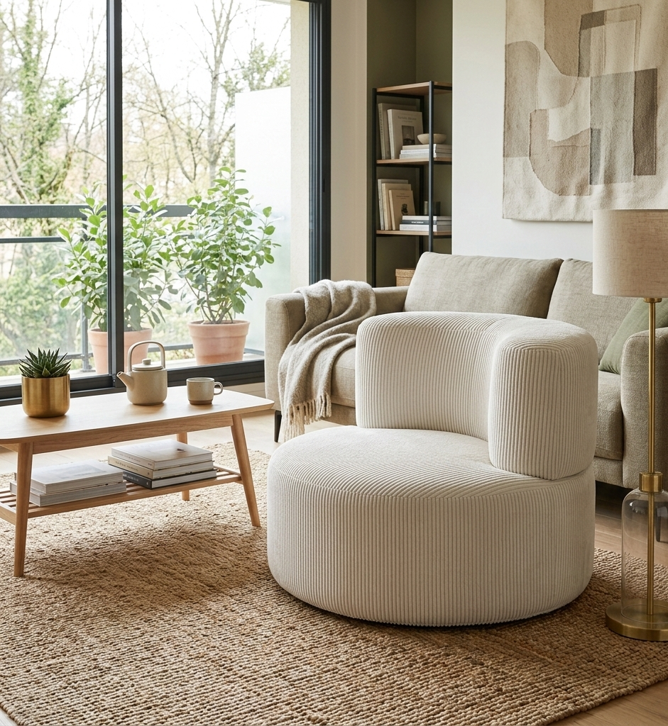 Fauteuil Milo rond en tissu beige crème