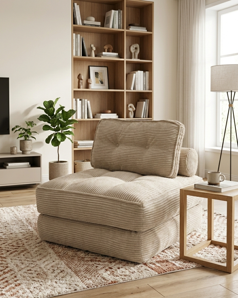 Fauteuil convertible Bogota en tissu côtelé beige