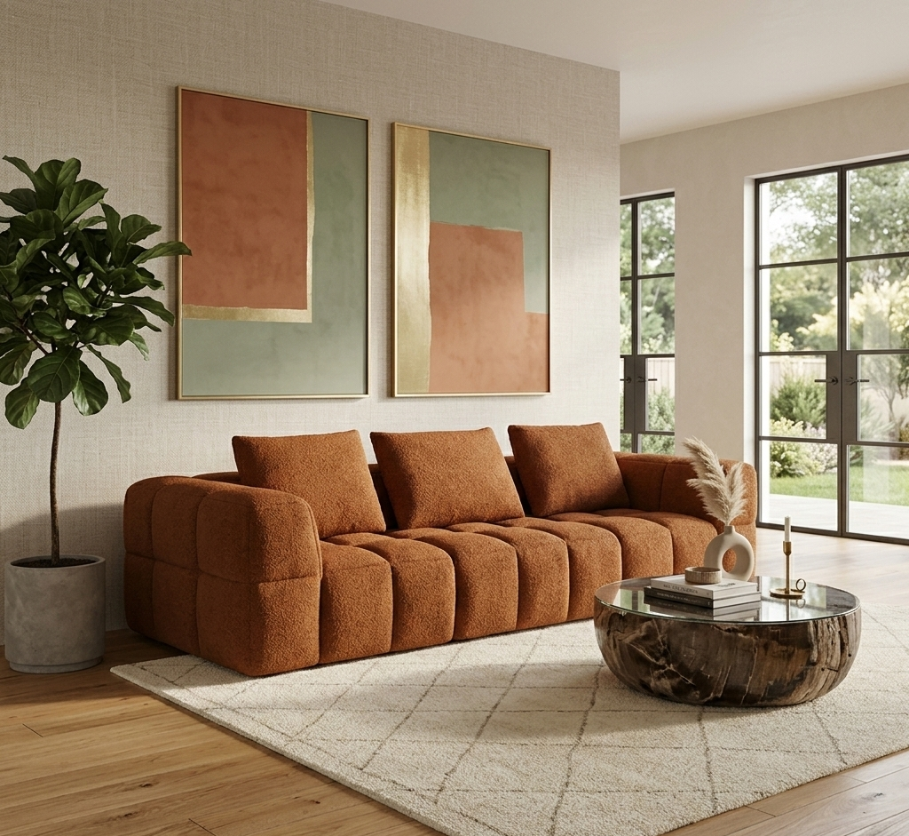 Canapé Maddy 3/4 places en tissu effet bouclette marron rouille