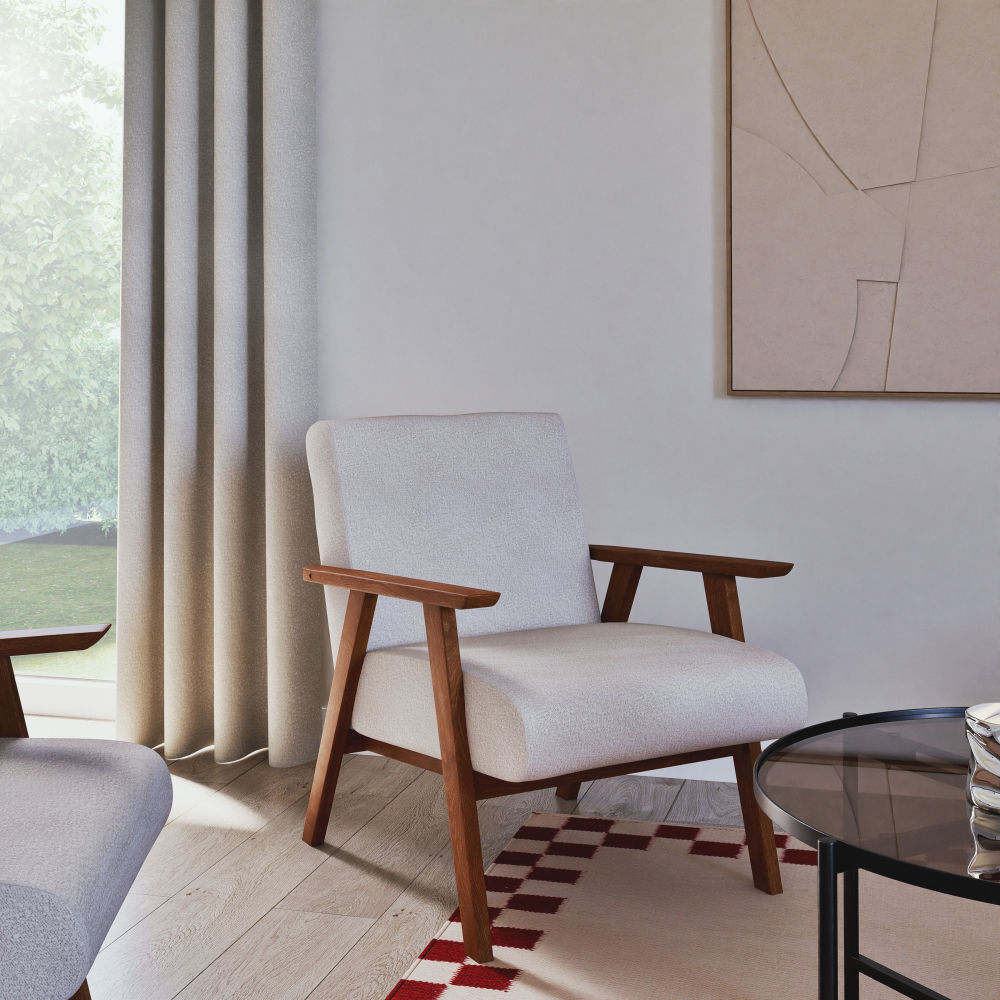 Fauteuil Hermann bouclettes blanches et bois de hêtre