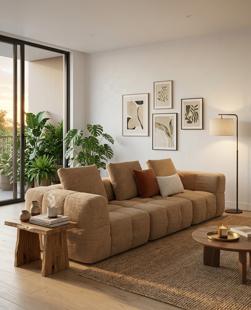 Canapé Maddy 3/4 places en tissu effet bouclette marron clair