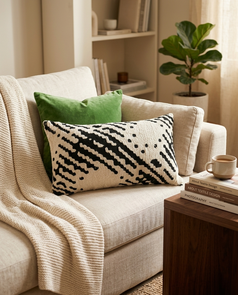 Coussin Mireille en coton motif géométrique blanc et noir 30x50