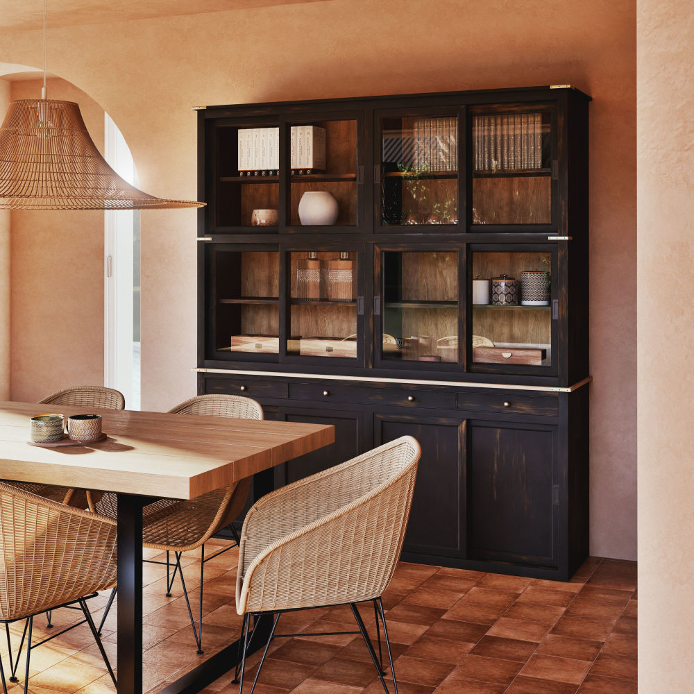 Vaisselier Indies 12 portes 3 tiroirs en manguier massif noir L180