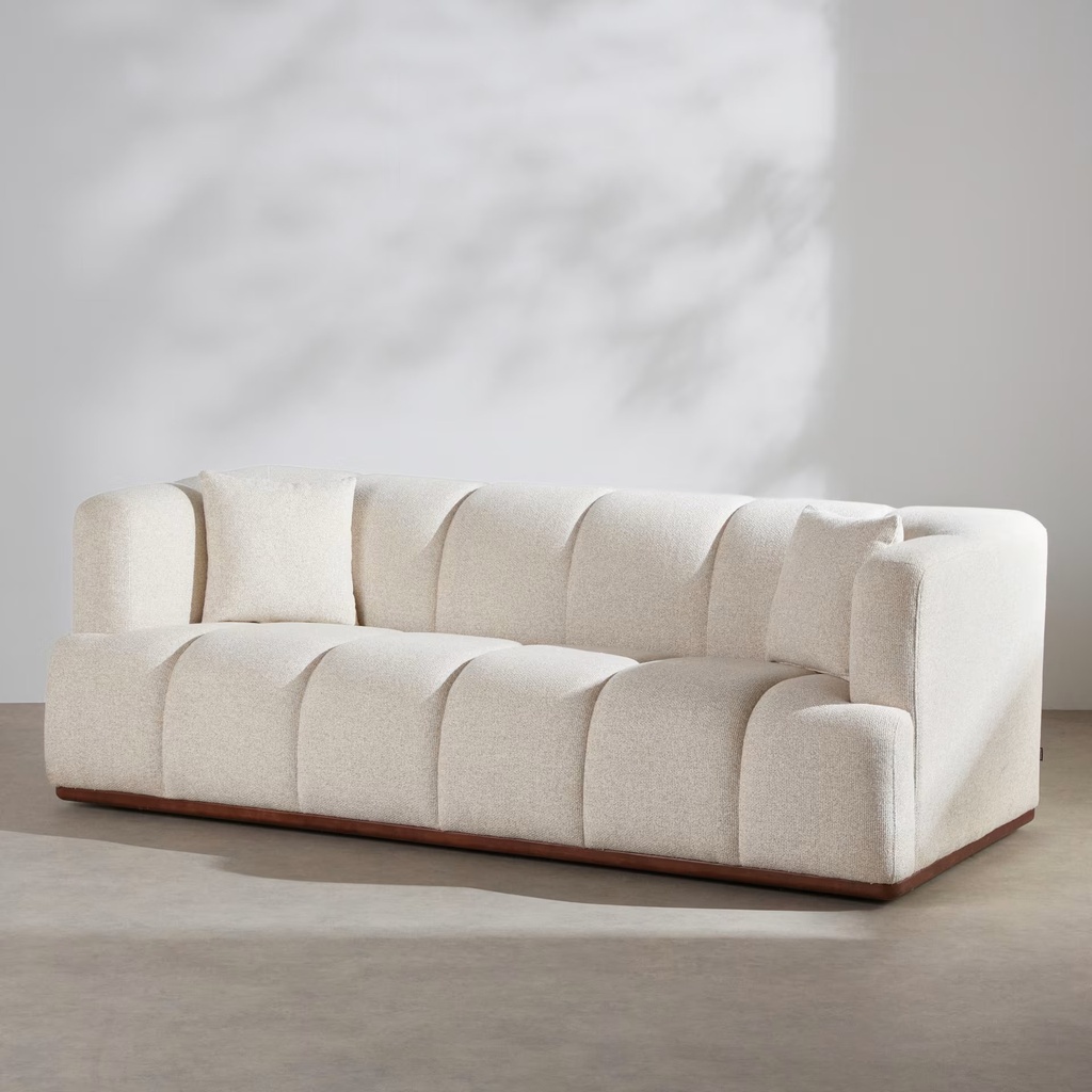 Canapé Filao 3 places en textile tramé beige et bois de frêne coloris noyer