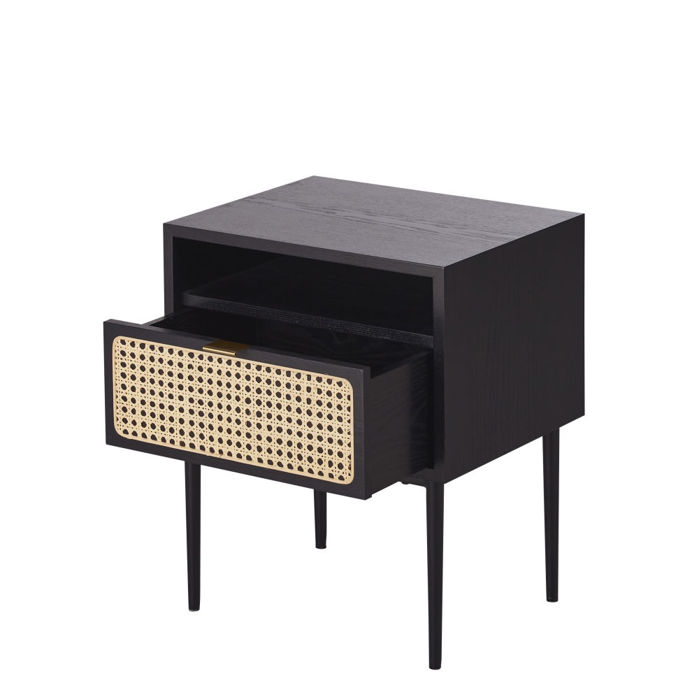 Table de chevet Loreto 1 tiroir noir et cannage en rotin