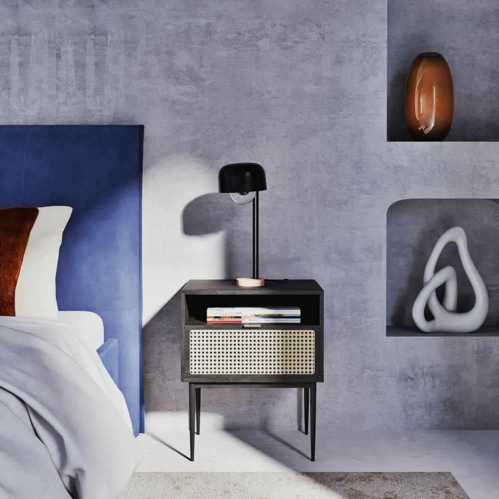 Table de chevet Loreto 1 tiroir noir et cannage en rotin