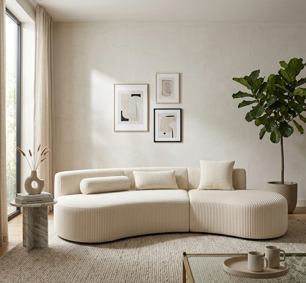 Canapé droit incurvé Lisa 4 places en tissu côtelé beige