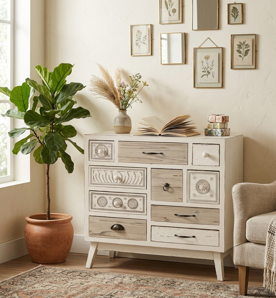 Cabinet de rangement 10 tiroirs Rumba en sapin blanc effet vieilli