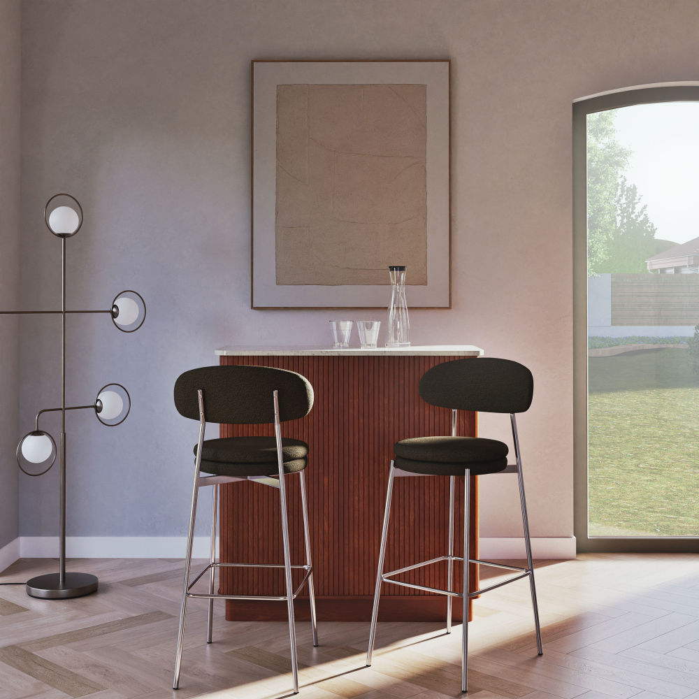 Lot de 2 Chaises hautes de bar Charlotte Business en acier chromé et bouclettes vert kaki