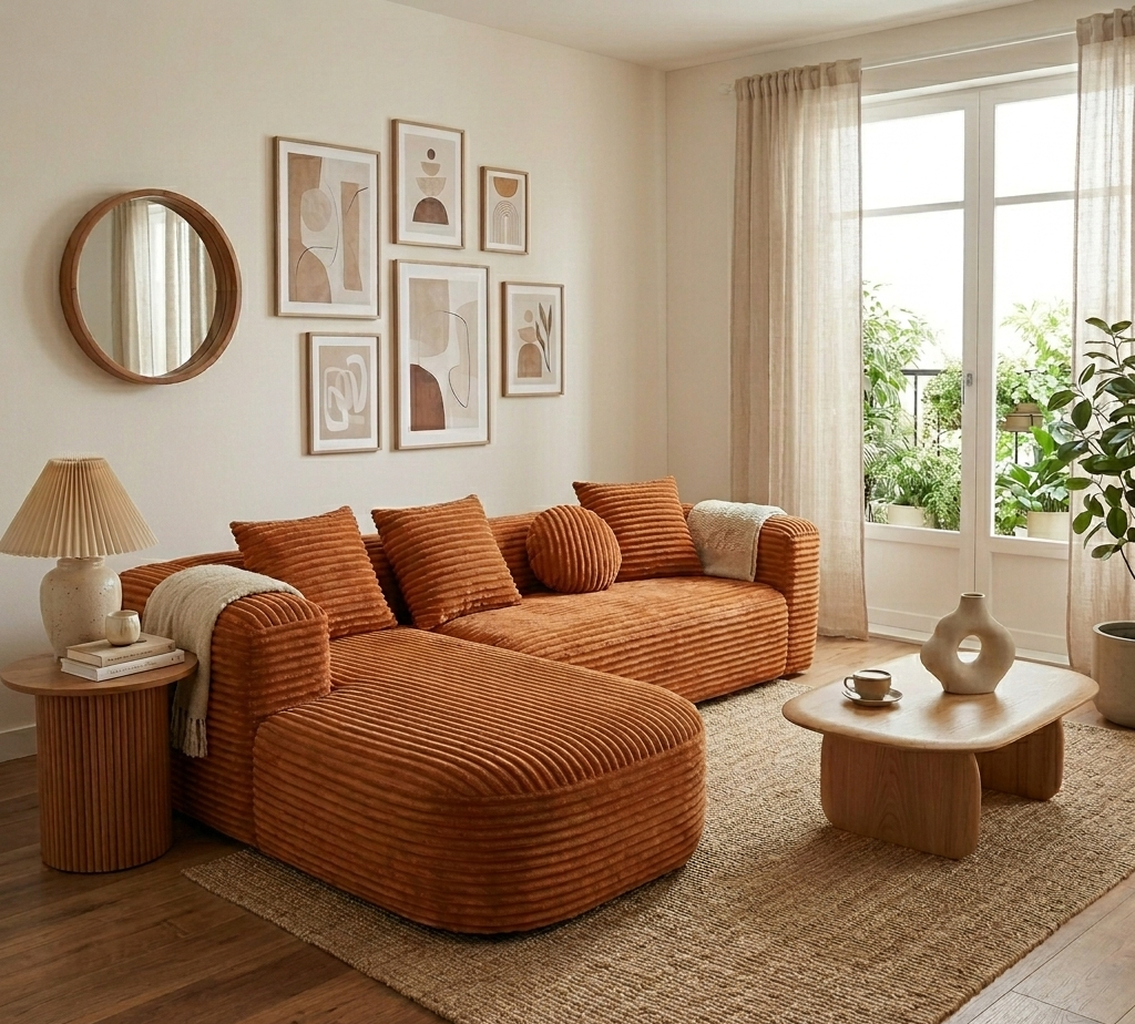 Canapé d'angle gauche Cesare 4/5 places en tissu côtelé rustrel orange