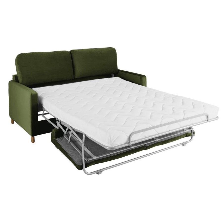 Canapé-lit Julian en velours vert avec matelas déplié et structure en métal, Dakar Sénégal.