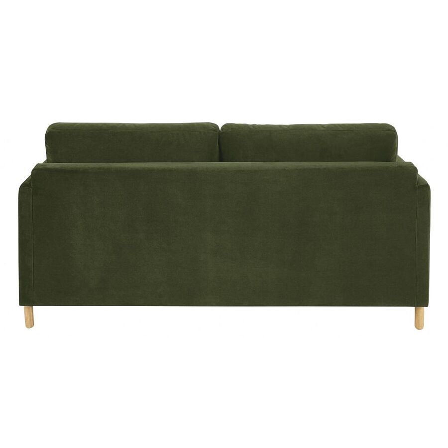 Vue arrière du canapé Julian en velours vert avec pieds en chêne massif, Dakar, Sénégal.