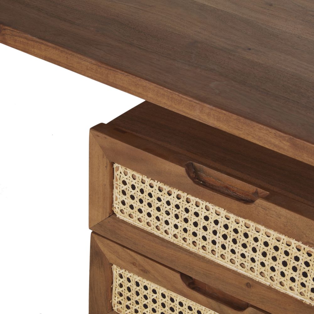 Bureau Santa Fe 2 tiroirs en bois d'acacia massif et cannage en rotin