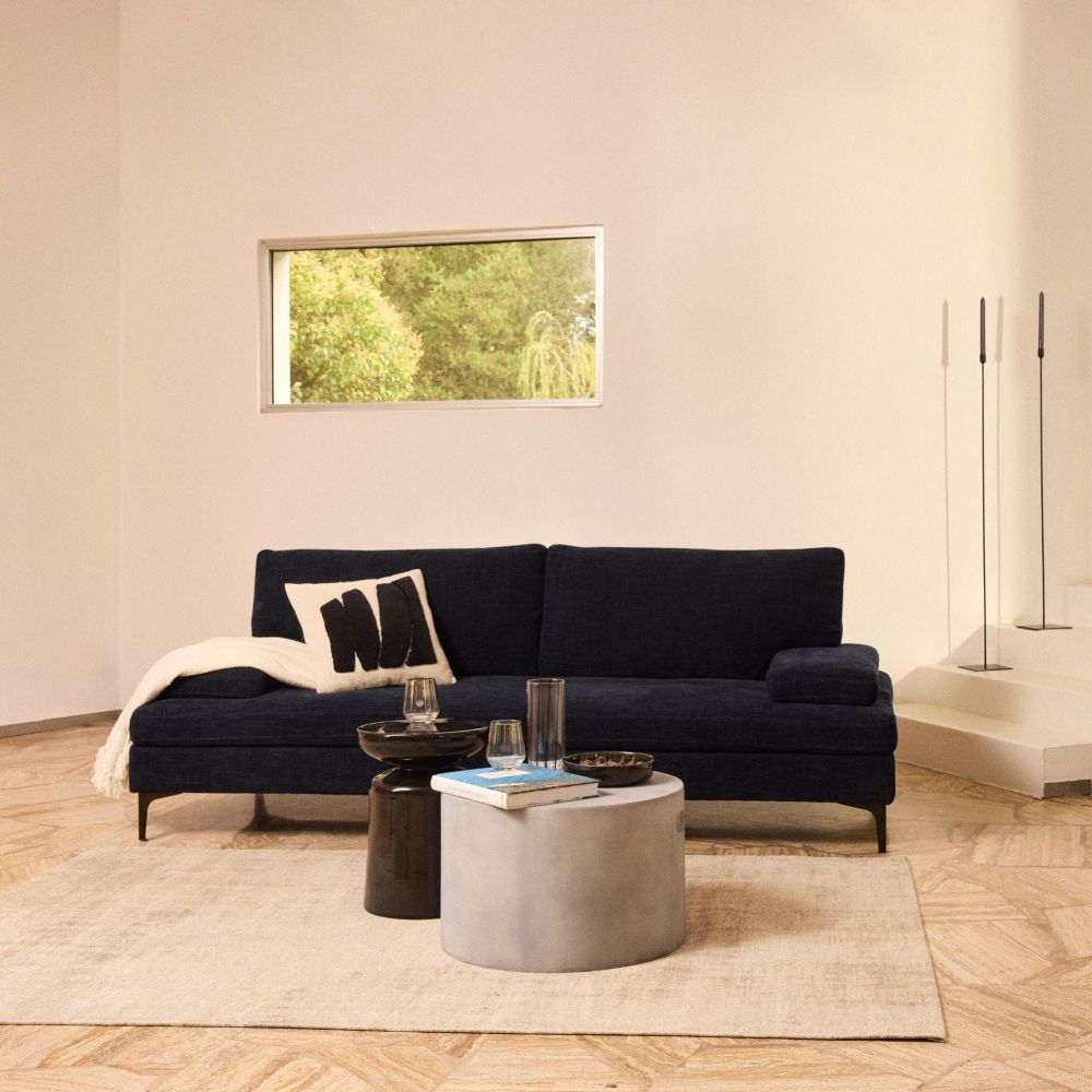 Canapé Oward 3 places dossier avance-recule en textile velouté bleu nuit