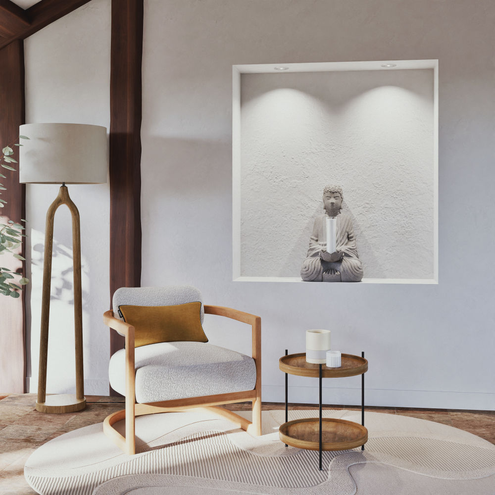 Fauteuil Tripode bouclettes écrues et bois d'hévéa