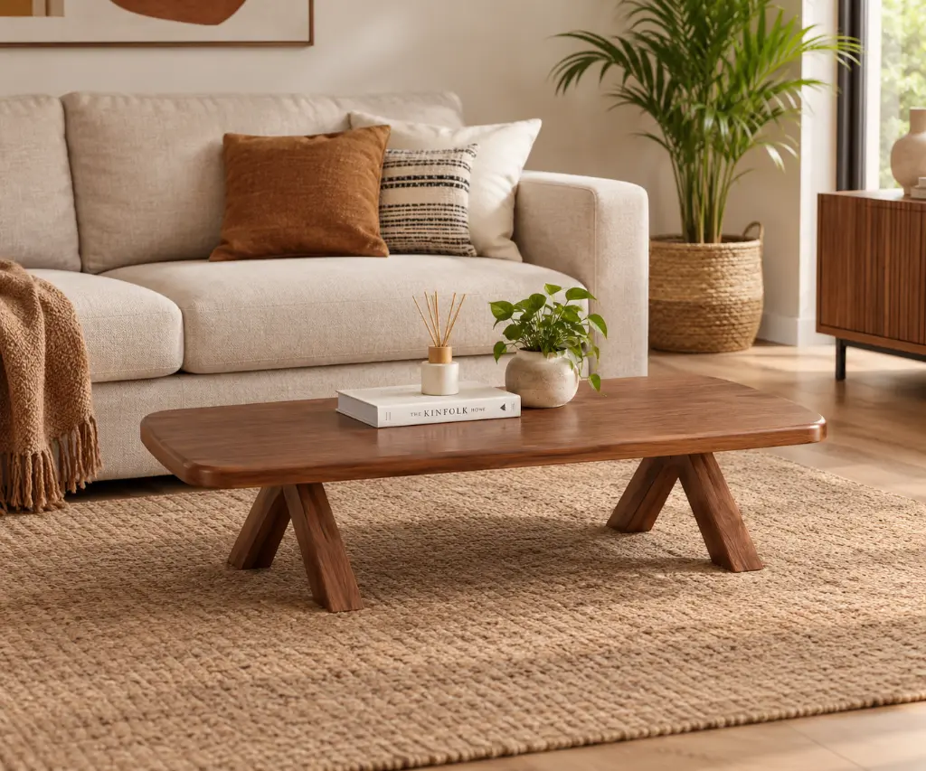 Salon chaleureux avec table basse en bois.webp