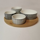 ETHNIQUE - Service apéritif plateau rond en bois et 4 ramequins blanc noir