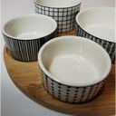 ETHNIQUE - Service apéritif plateau rond en bois et 4 ramequins blanc noir