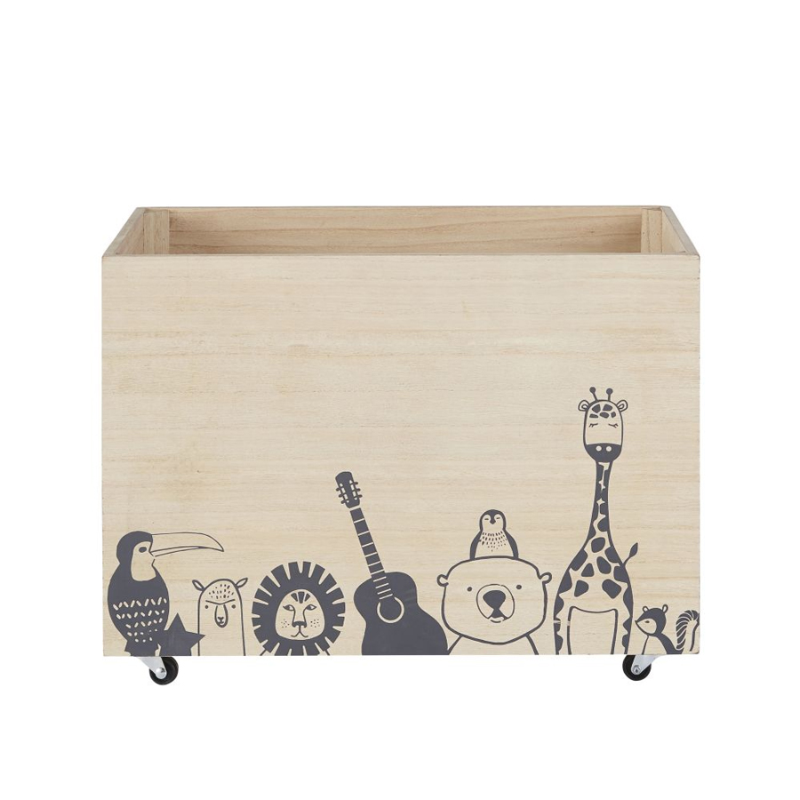 BERLIN - Caisse à jouets enfant à roulettes en pin motifs noirs